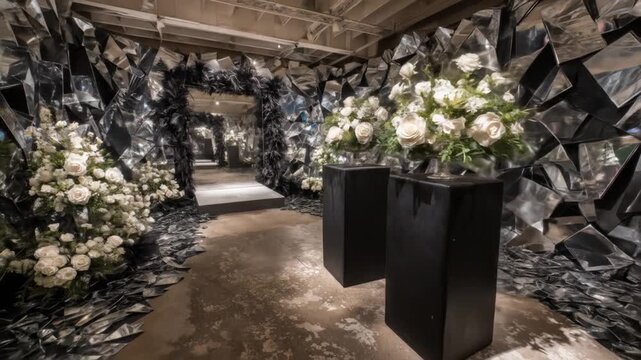 A mirrored and feathery installation with white roses on black pedestals in a gallery setting