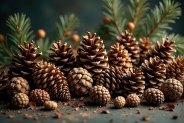 Fototapeta premium A captivating arrangement of various pine cones and evergreen branches, showcasing the natural beauty and intricate details of these woodland treasures.