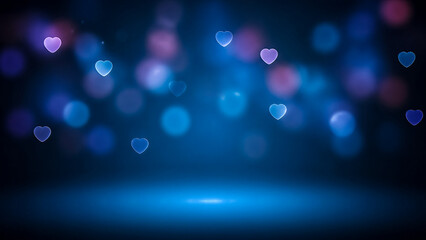 Glowing blue and purple hearts float against a dark bokeh background love