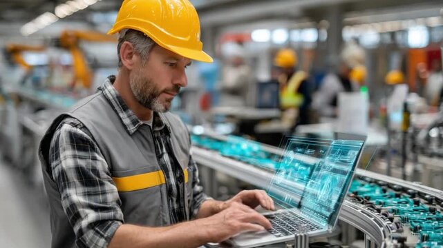 Automated Precision: A diligent worker in a hard hat intently analyzes data on a laptop, monitoring and controlling a complex industrial process within a modern manufacturing facility. 
