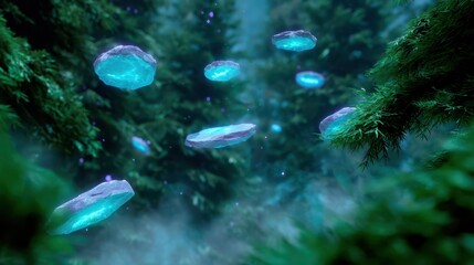 Ethereal Floating Crystals in Enchanted Misty Forest Setting