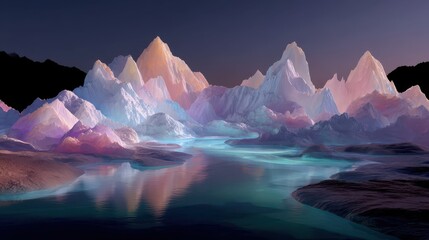 Dreamy Mountain Landscape with Colorful Peaks and Reflective Water