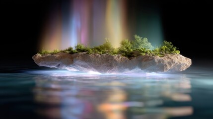 Floating Island with Colorful Lights and Reflection on Water Surface