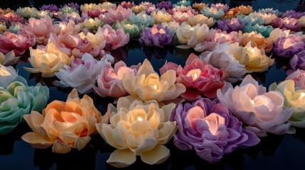 Colorful Floating Lotus Flowers with Flickering Candle Lights