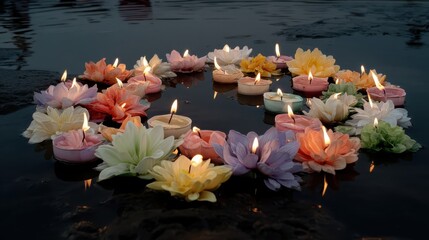 Floating Candles and Flowers Create Serenity on Still Water Surface