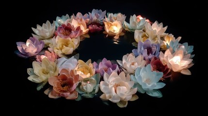 Colorful Water Lilies in a Circular Arrangement on Dark Background