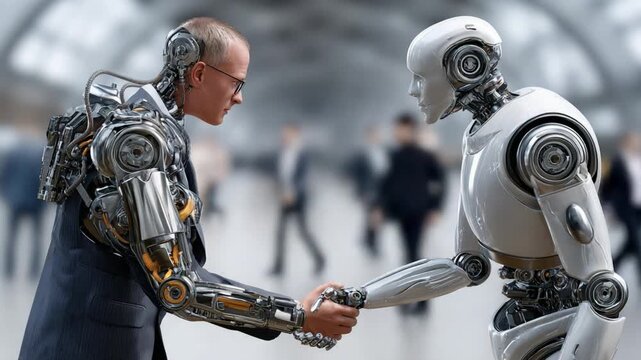 Partnership of Artificial Intelligence: A robotic entity and a human-like cyborg forge a pact. the dynamic scene evokes themes of innovation, technology, and the future.