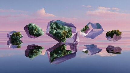 Stunning Crystals with Emerald Green Flora on Calm Reflection Surface
