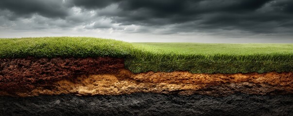 The image showcases a cross-section of earth, revealing layers of soil and grass beneath a dramatic sky, highlighting geological and environmental elements.