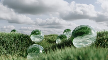Glass Spheres on Lush Green Grass Under a Cloudy Sky