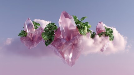 Ethereal Floating Crystals Surrounded by Lush Greenery and Clouds