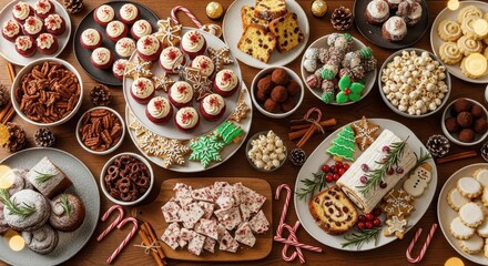 A festive holiday dessert spread featuring cupcakes, cookies, and sweet treats for celebration