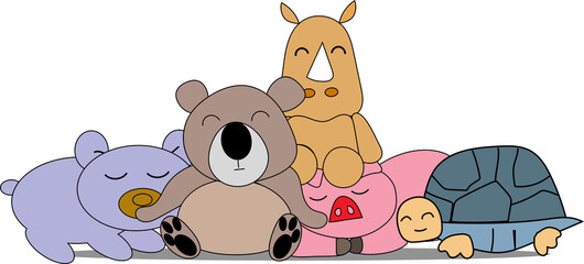Cute cartoon characters sleeping soundly, turtle, bear, rhino, pig.