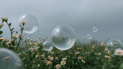 Delicate Bubbles Floating Over a Meadow of Wildflowers in Springtime
