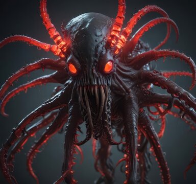 Tentacled beast with glowing red eyes and chitinous exoskeleton,  dark,  ominous