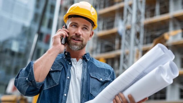 Building Blueprint Communication: A construction worker, helmeted and focused, engages in a phone conversation while clutching blueprints.
