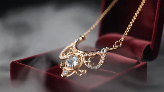 closeup of a premium luxury gold necklace resting on a velvet box submerged in misty vapor clouds