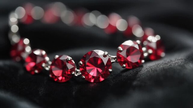 macro closeup shot of ruby necklace sparkling on black velvet