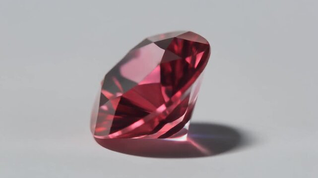 macro closeup shot of red ruby gemstone rotating slowly on white surface