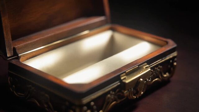 closeup view of antique jewelry box with engraving pattern slowly sliding open