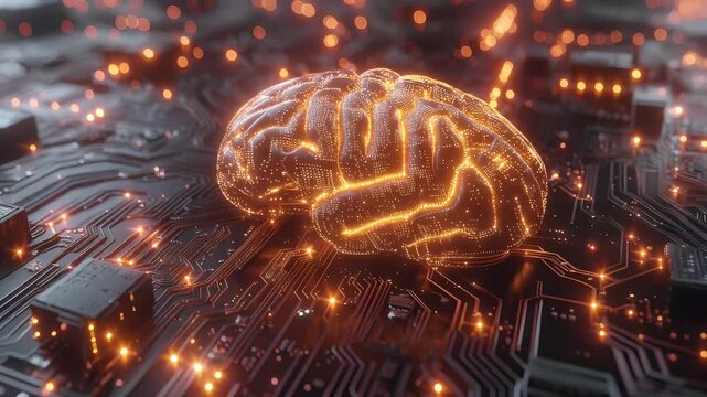 Futuristic Neon Brain On Circuit Board Illustration.