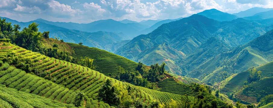 Lush green hills with terraced fields and rolling mountains under a bright sky create a stunning landscape. - Powered by Adobe