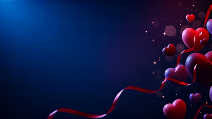 Red and purple hearts with flowing ribbon on dark blue background love romance valentine