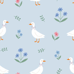 Cozy seamless pattern with ducks and flowers
