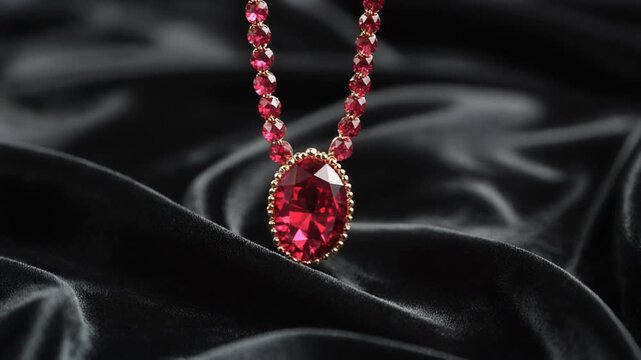closeup of ruby necklace slowly swaying above black velvet
