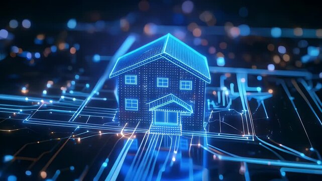 Futuristic Neon Wireframe House Emitting Digital Blueprints.
