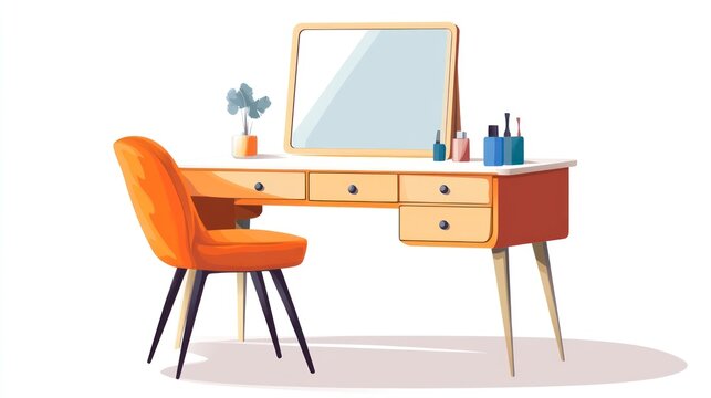 Orange vanity table with mirror and chair isolated on white background
