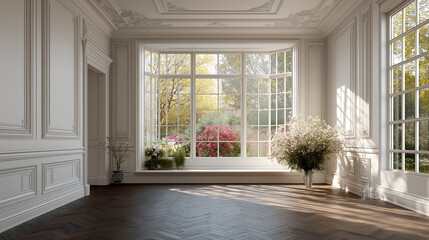 Obraz premium Elegant interior room with large windows and flowers in vases on dark wooden floor