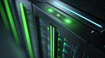 A close-up view of a high-tech server with glowing green lights, showcasing intricate circuitry and a modern design.