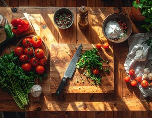 a wooden kitchen counter, food preparation with a knife and cutting board seen from above
