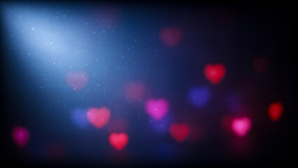 Soft focus pink and red hearts with glowing blue light and dust bokeh love romance