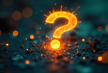 Futuristic digital environment featuring a glowing question mark symbolizing curiosity, innovation, artificial intelligence, and advanced technology concepts with neon lighting and abstract sci-fi des