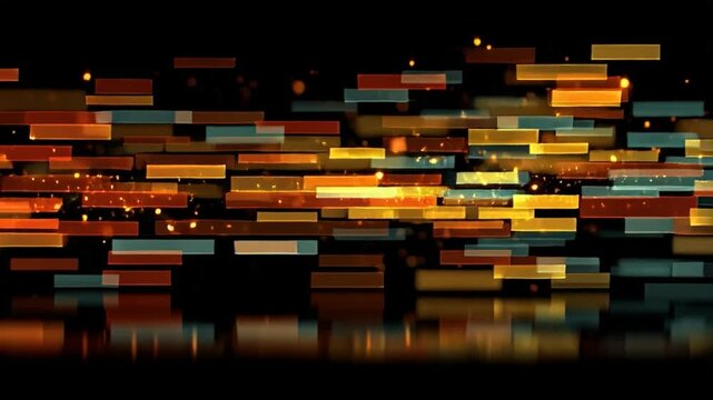 Abstract pixelated explosion of light and colorful digital blocks in dynamic motion against a dark background, 4K 24fps digital art visualization