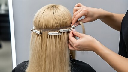 Fototapeta premium Blonde woman receiving hair extension treatment in a modern salon, showcasing professional hairstyling techniques with tools and equipment in the background, emphasizing beauty transformation