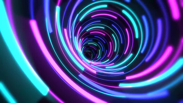 A vibrant motion graphic featuring glowing neon cyan and magenta circular segments that form a continuous tunnel. The camera moves rapidly through this high-speed portal, creating a sense of forward m