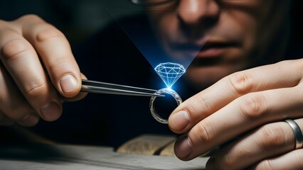 Jeweler placing diamond on ring with tweezers.