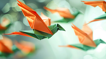 Origami doves in flight with blurred background