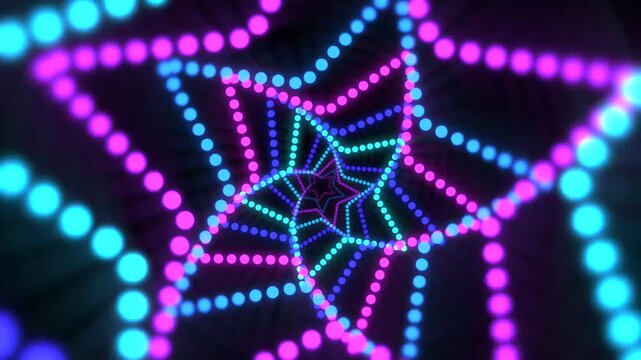 A vibrant starfield animation where glowing cyan and magenta stars emerge from the darkness and travel outward. The variety in star size and the soft light rays emanating from them provide a rich sens
