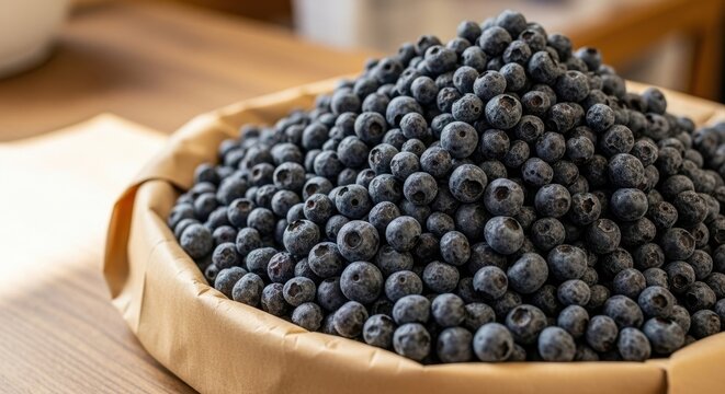 Abundance of fresh blueberries displayed in a rustic container on a wooden surface