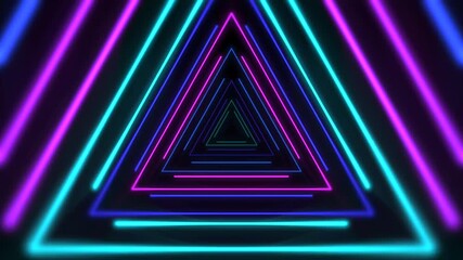 Steady, slow-motion zoom through a series of concentric neon triangles in shades of blue, green, and magenta. The clean geometric lines pulse with light, creating a focused and hypnotic architectura - Powered by Adobe