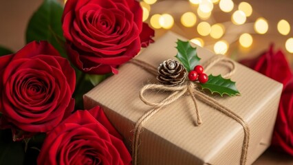 Obraz premium Wrapped gift box with red roses and festive bokeh lights
