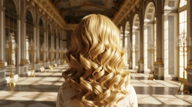 Blonde hair in an elegant corridor, woman standing in palace hall with sunlight shining through