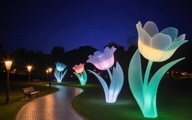 Large illuminated tulip sculptures in a park at night with walking path and street lamps, glowing flowers in blue, pink and white colors under dark blue sky