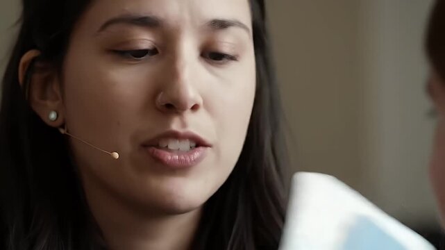 Close-up of a woman talking and teaching with flashcards during a lesson setting