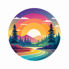 A vibrant, stylized landscape featuring a colorful sunset over mountains and a serene lake.