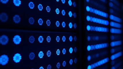 Close-up of glowing blue server rack lights creating an abstract technological pattern on a dark background.